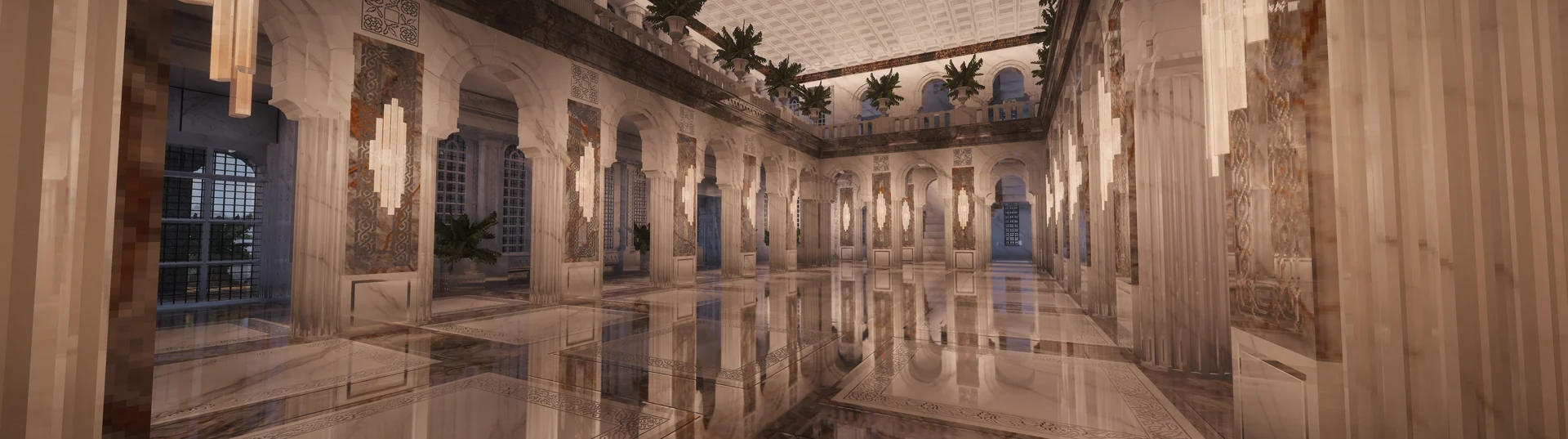An ERYDON hall with pale fluted columns, round arches, bronze inlay panels and a coffered ceiling.