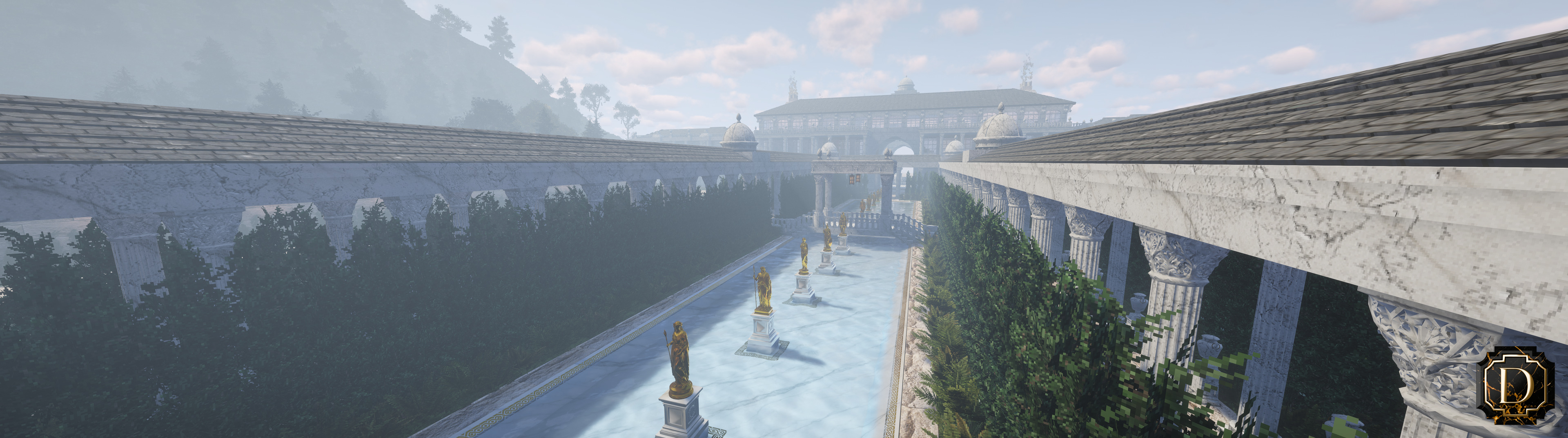 Classical statues between ERYDON colonnades